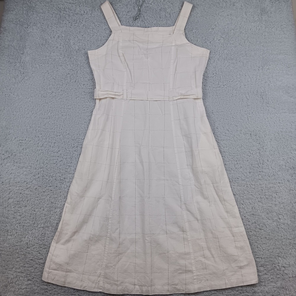Liz Claiborne Dress Windowpane Women 10‎ Cream Gold Metallic Linen Blend 72613-3